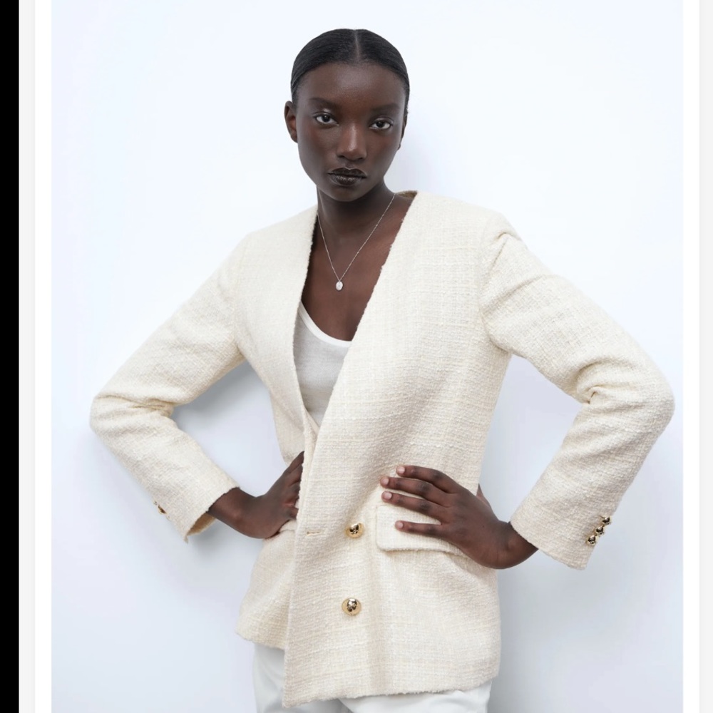 Zara Cream Double Breasted Texture Weave Metallic button Blazer